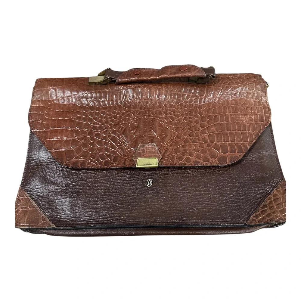 Vintage Made in Italy Brown Leather Croc Embossed Briefcase Document Bag